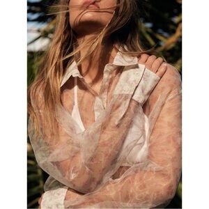 Zara organza sheer floral oversized collared button down small white pink